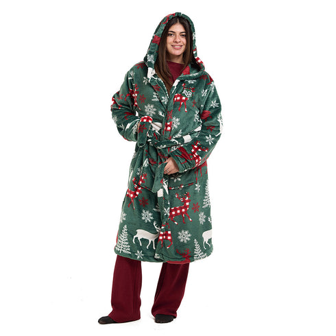 Snuggs Blanket Robe Green Deer Christmas